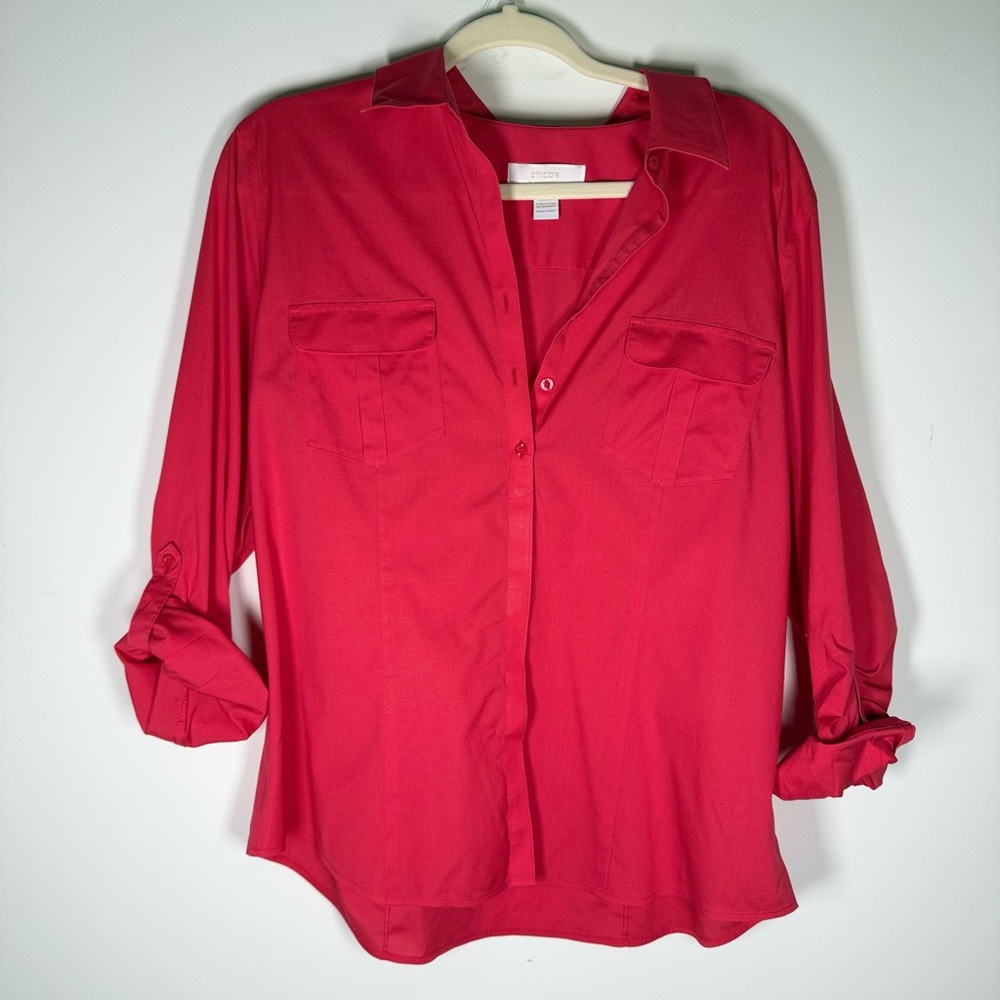 Chico’s Size 2 Medium No-Iron V-Neck Button Up Shirt Pink 3/4 Sleeve Cotton